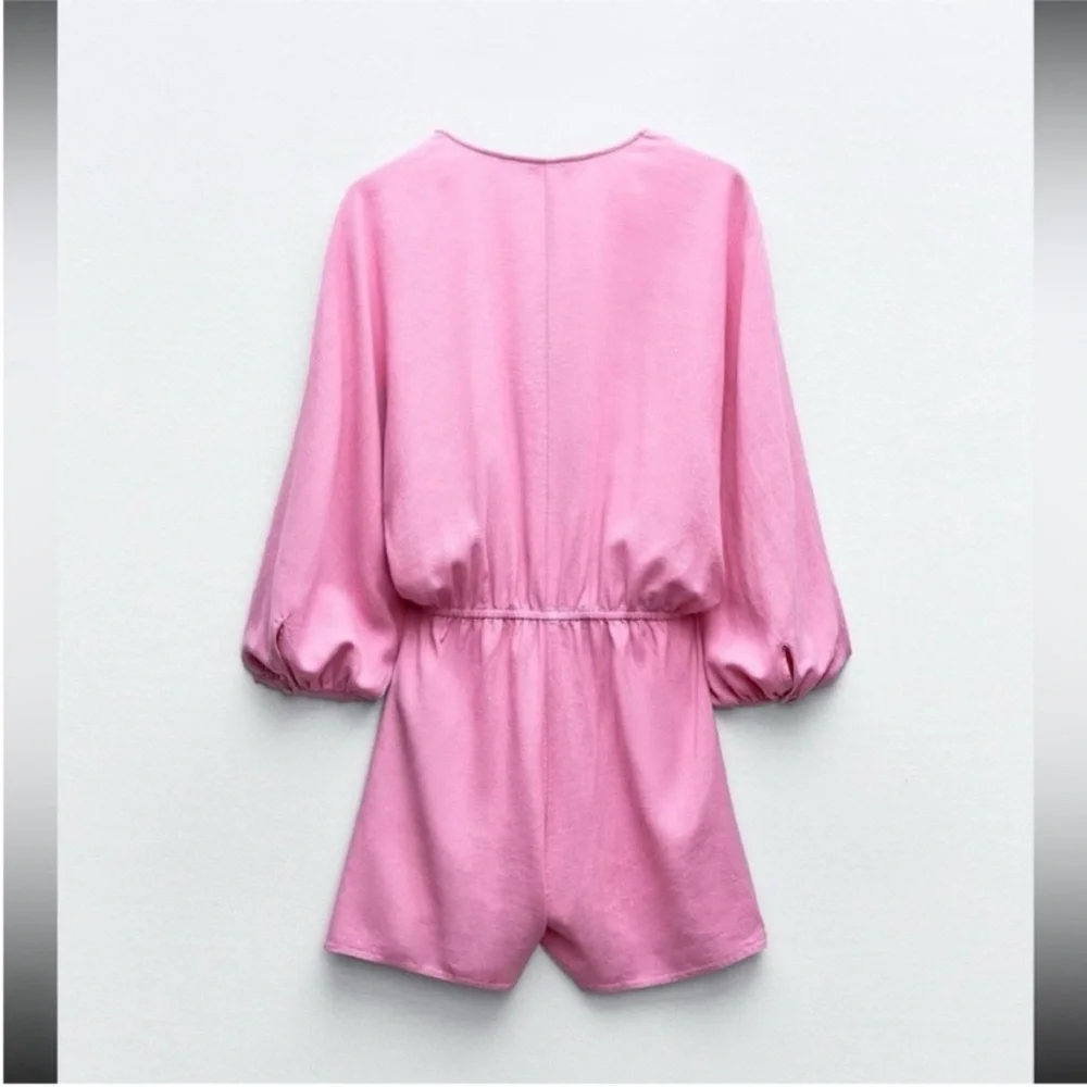 Zara, pink, linen blend short jumpsuit, Size Medium